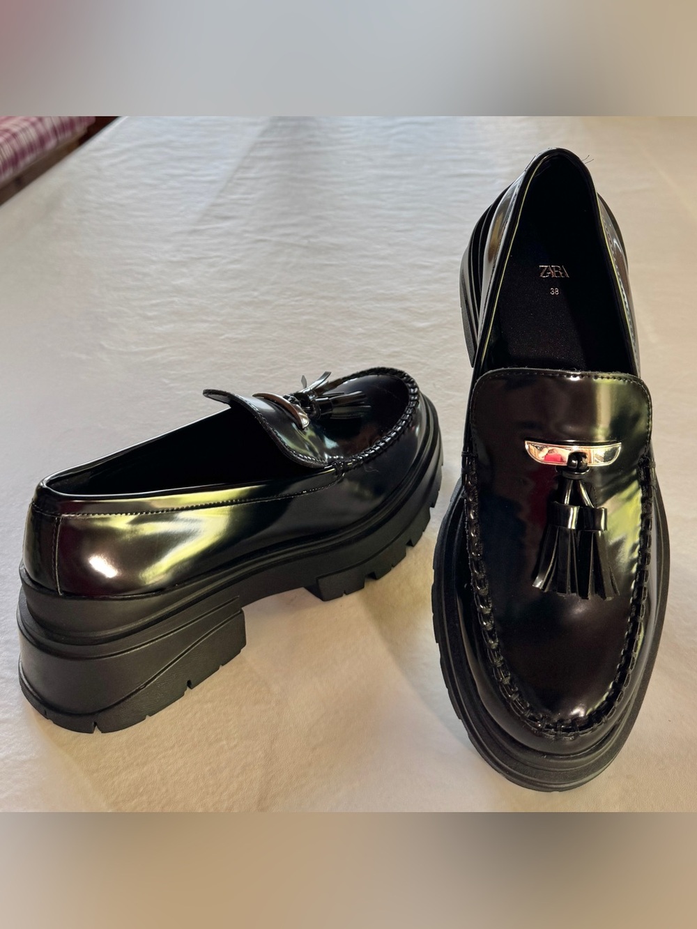 Zara Black Patent Leather Tassel Track Sole Chunky
Platform Loafers (38/7.5) - Picture 12 of 17